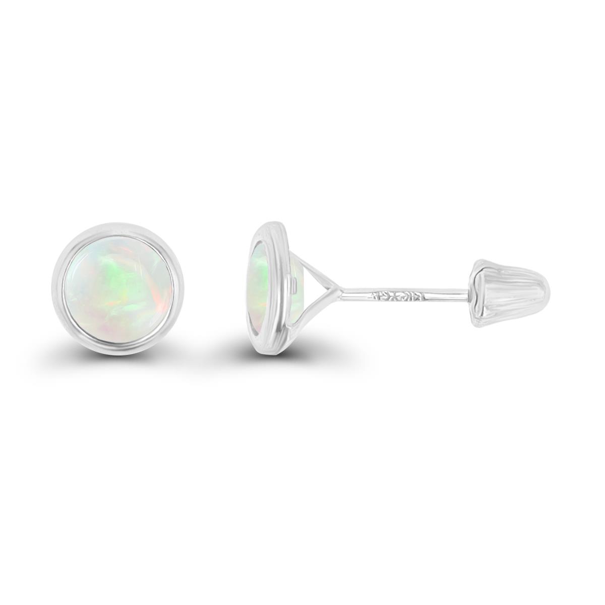 14K White Gold Basic 6mm Round Opal Bezel Hat Screw Back Stud Earring 