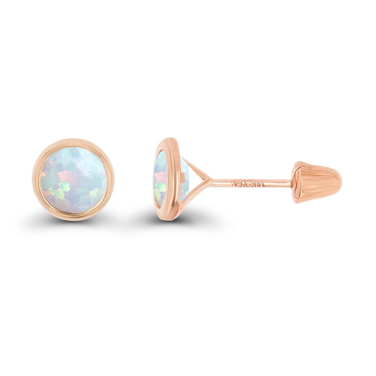 14K Rose Gold Basic 6mm Round Created Opal Bezel Hat Screw Back Stud Earring 