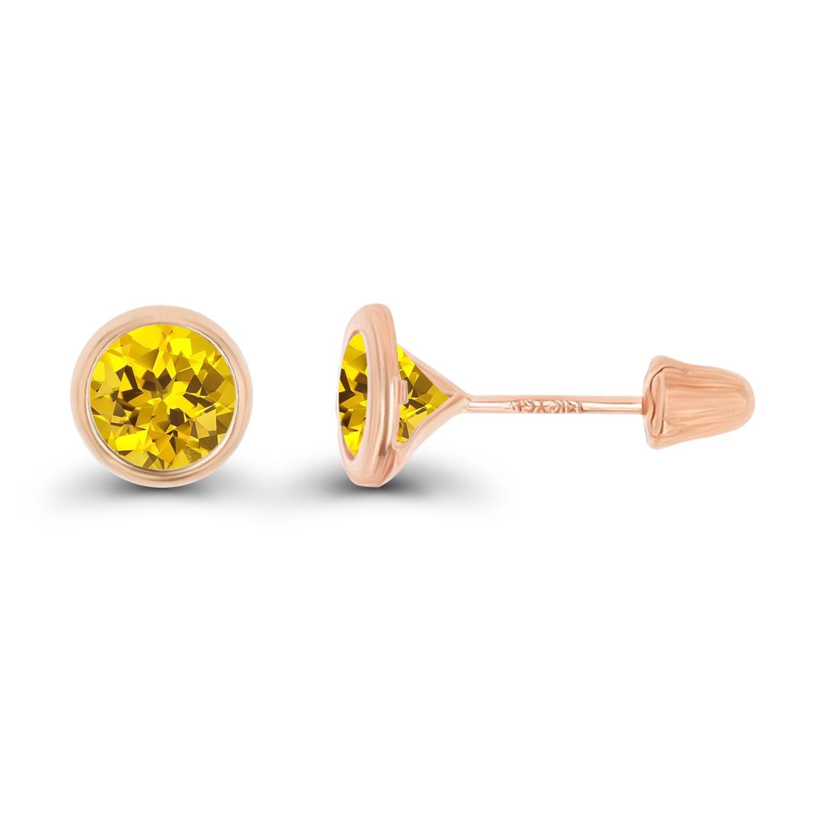 14K Rose Gold Basic 6mm Round Created Yellow Sapphire Bezel Hat Screw Back Stud Earring 