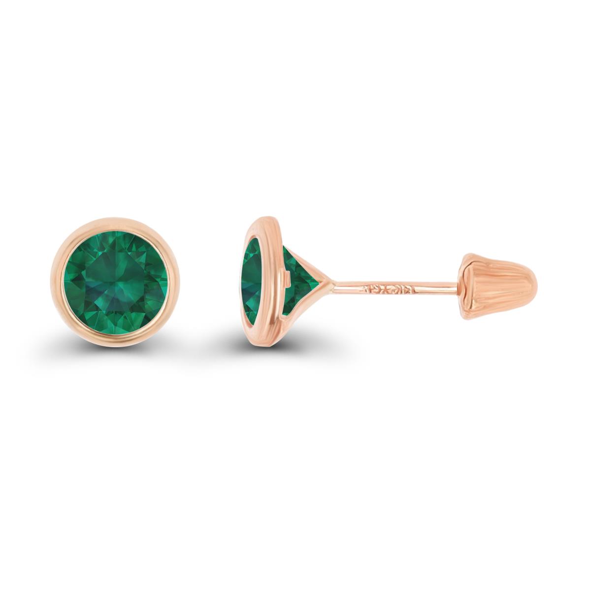 14K Rose Gold Basic 6mm Round Created Emerald Bezel Hat Screw Back Stud Earring 