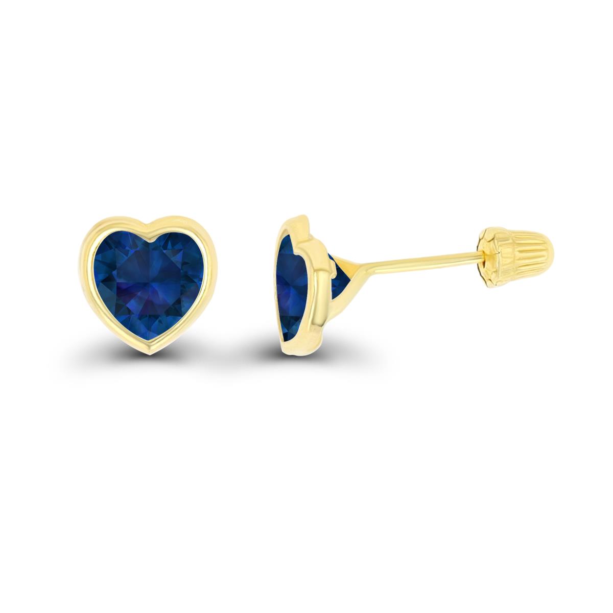 14K Yellow Gold Basic 6x6mm Created Blue Sapphire Heart Bezel Hat Screw Back Stud Earring 