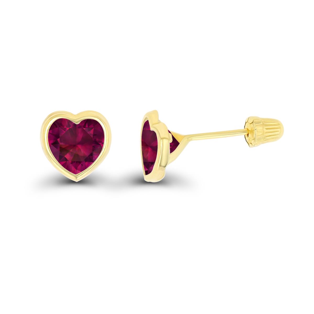 14K Yellow Gold Basic 6x6mm Created Ruby Heart Bezel Hat Screw Back Stud Earring 