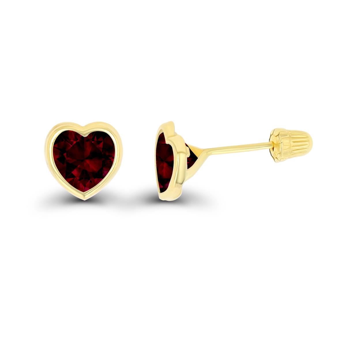 14K Yellow Gold Basic 6x6mm Garnet Heart Bezel Hat Screw Back Stud Earrings 