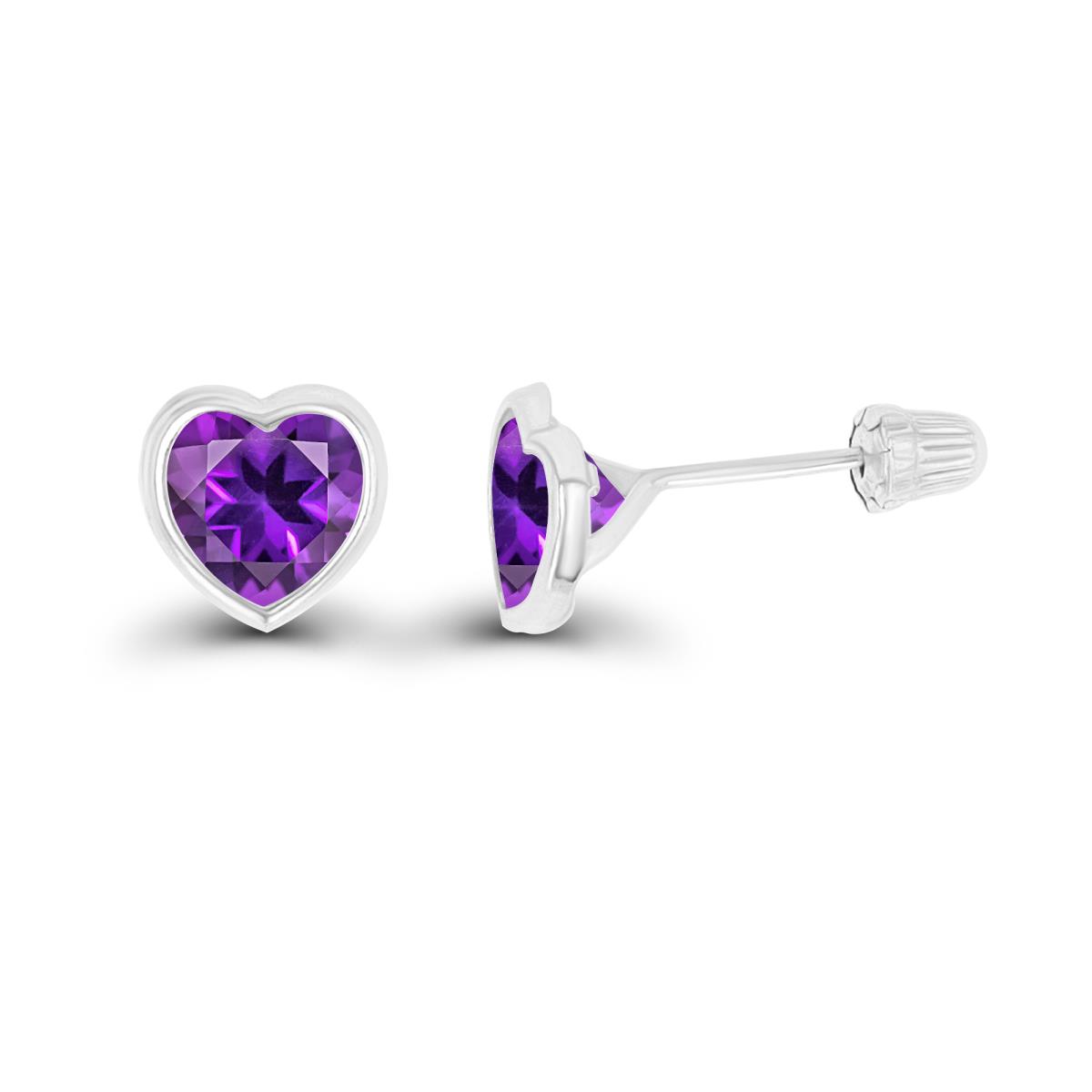 14K White Gold Basic 6x6mm Amethyst Heart Bezel Hat Screw Back Stud Earring 