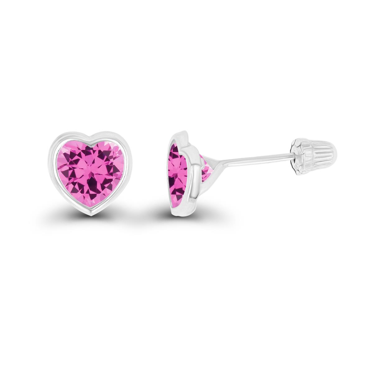 14K White Gold Basic 6x6mm Created Pink Sapphire Heart Bezel Hat Screw Back Stud Earring 