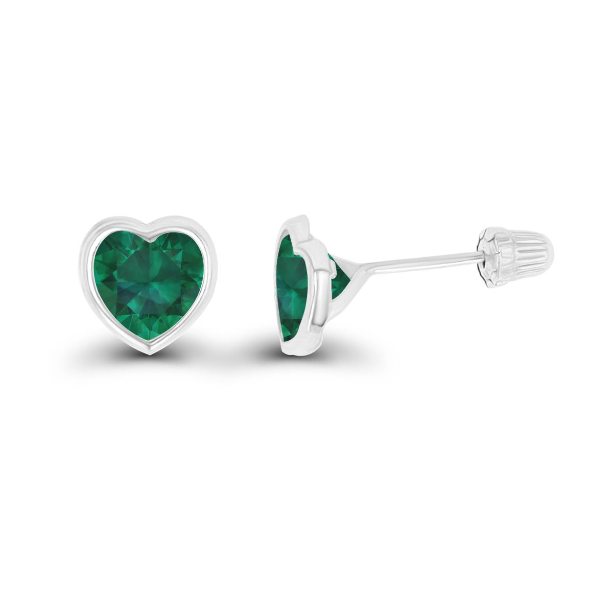 14K White Gold Basic 6x6mm Created Emerald Heart Bezel Hat Screw Back Stud Earring 