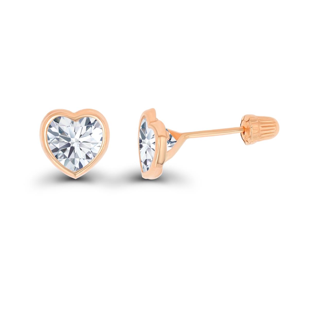 14K Rose Gold Basic 6x6mm Created White Sapphire Heart Bezel Hat Screw Back Stud Earring 