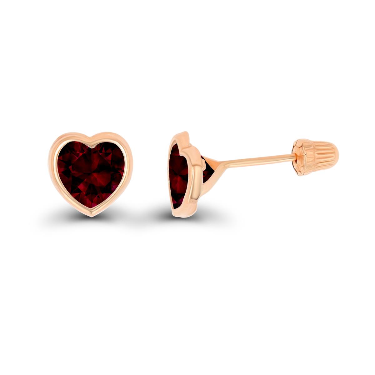 14K Rose Gold Basic 6x6mm Garnet Heart Bezel Hat Screw Back Stud Earring 