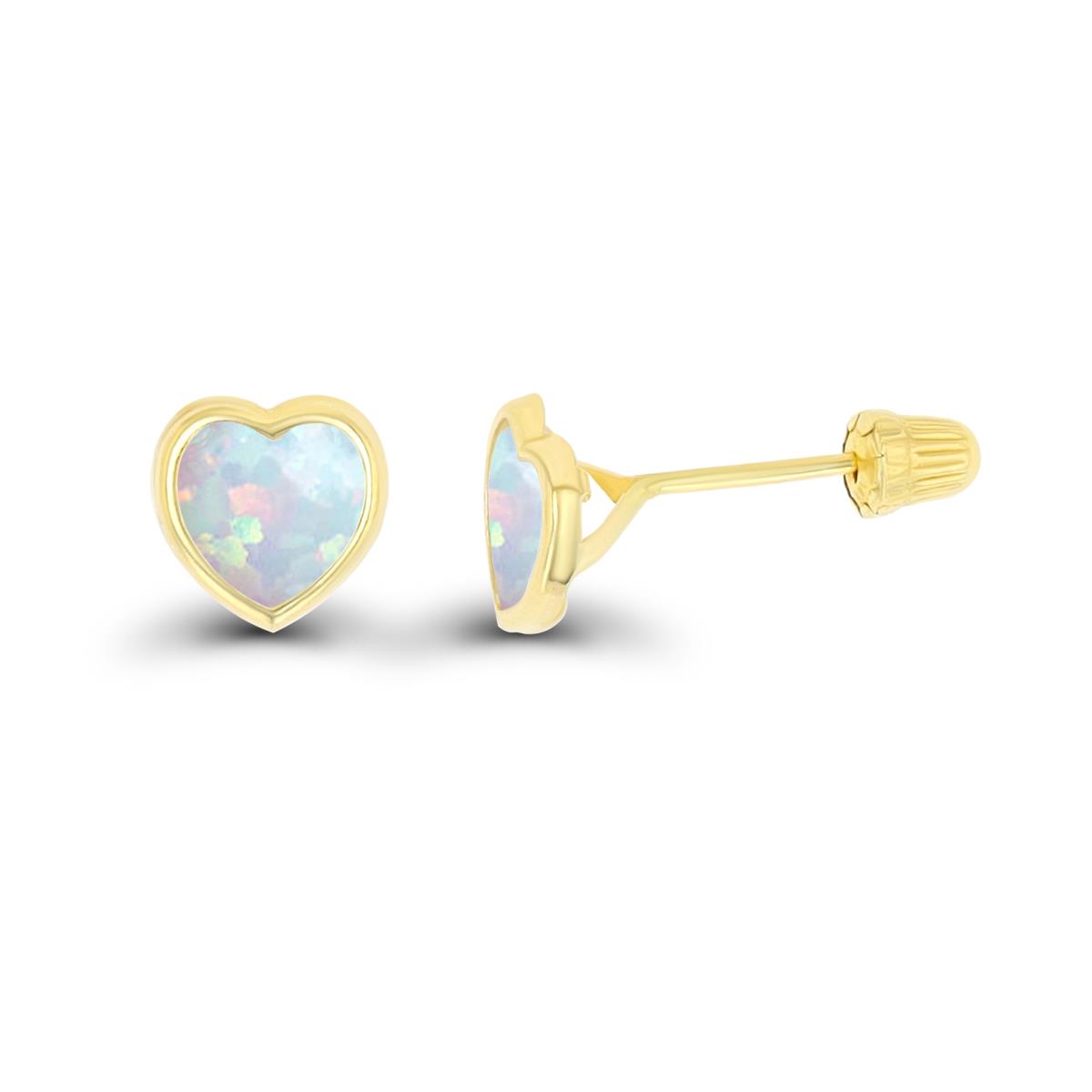 14K Yellow Gold Basic 4x4mm Created Opal Heart Bezel Hat Screw Back Stud Earring 