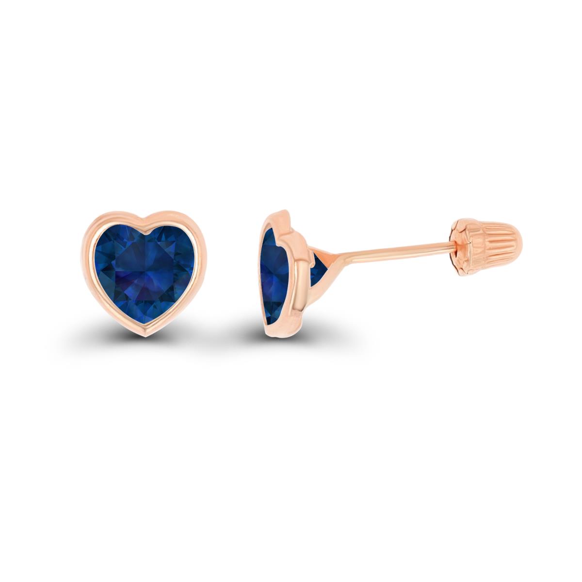 14K Rose Gold Basic 4x4mm Created Blue Sapphire Heart Bezel Hat Screw Back Stud Earring 
