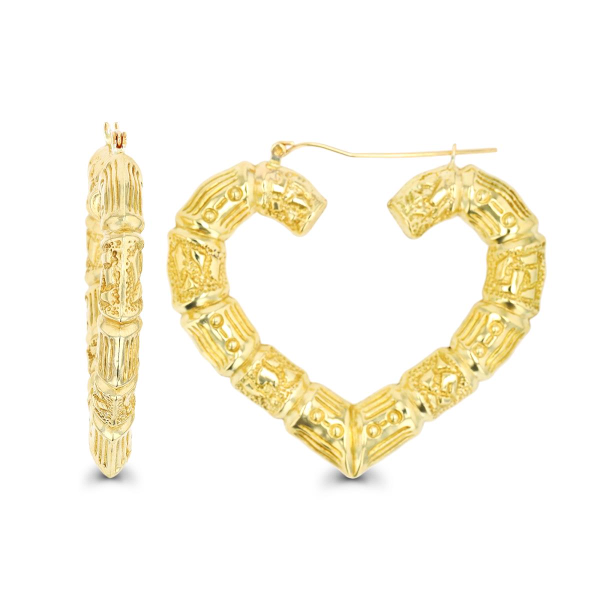 10K Yellow Gold 45x5.7mm Textured Bamboo Heart Hoop Earring
