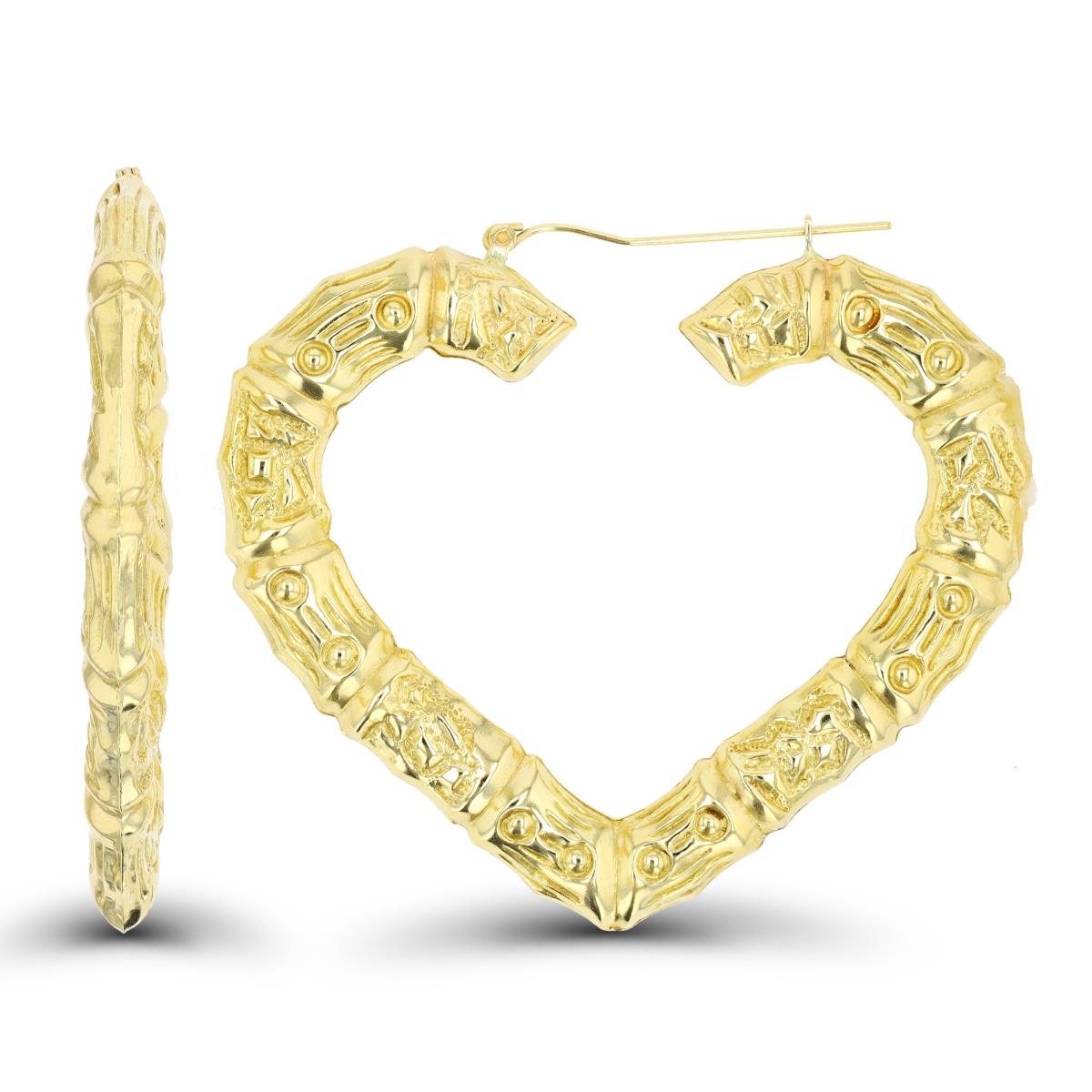 10K Yellow Gold 55x5.25mm Textured Bamboo Heart Hoop Earring