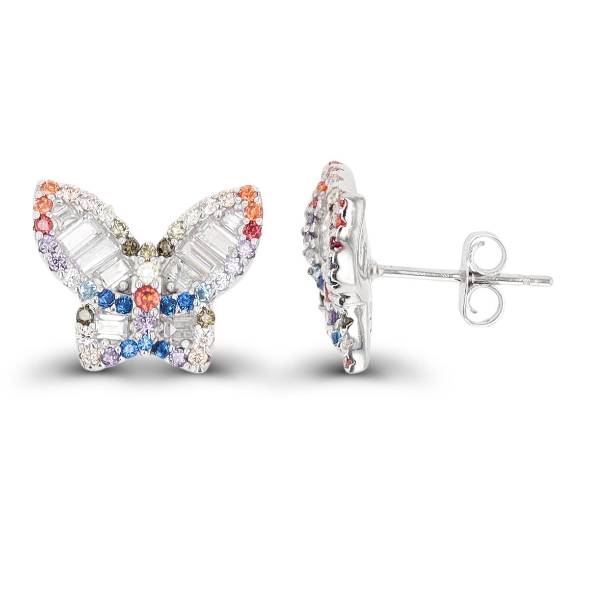 Sterling Silver Rhodium 14X13mm Butterfly Multicolor Stud Earring