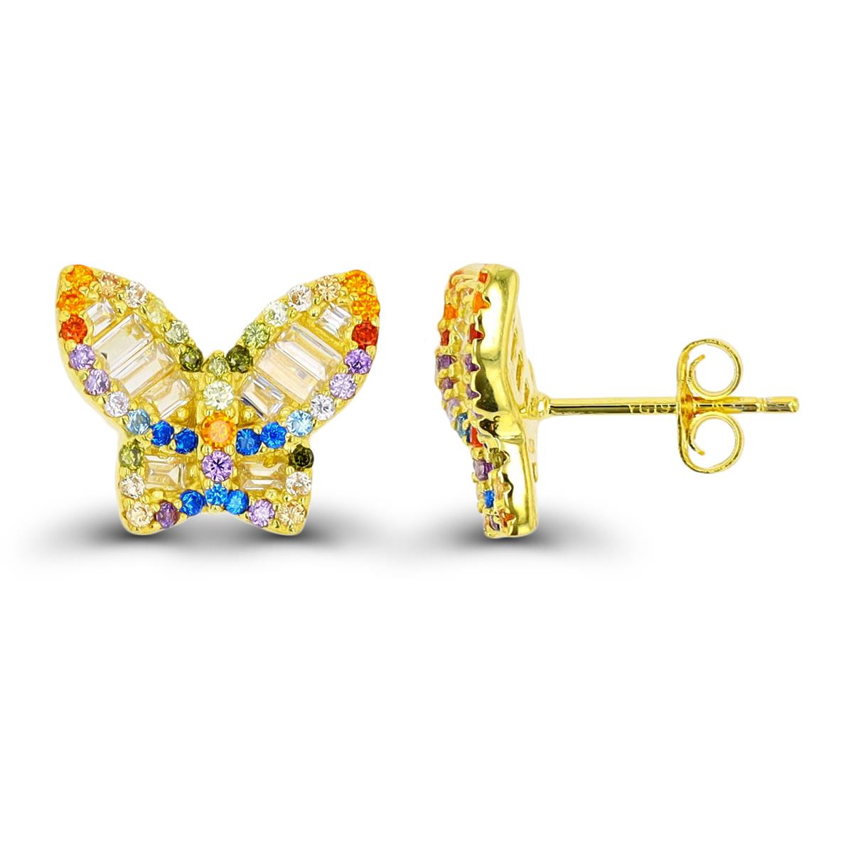 Sterling Silver Yellow 1 Micron 14X13mm Butterfly Multicolor Stud Earring