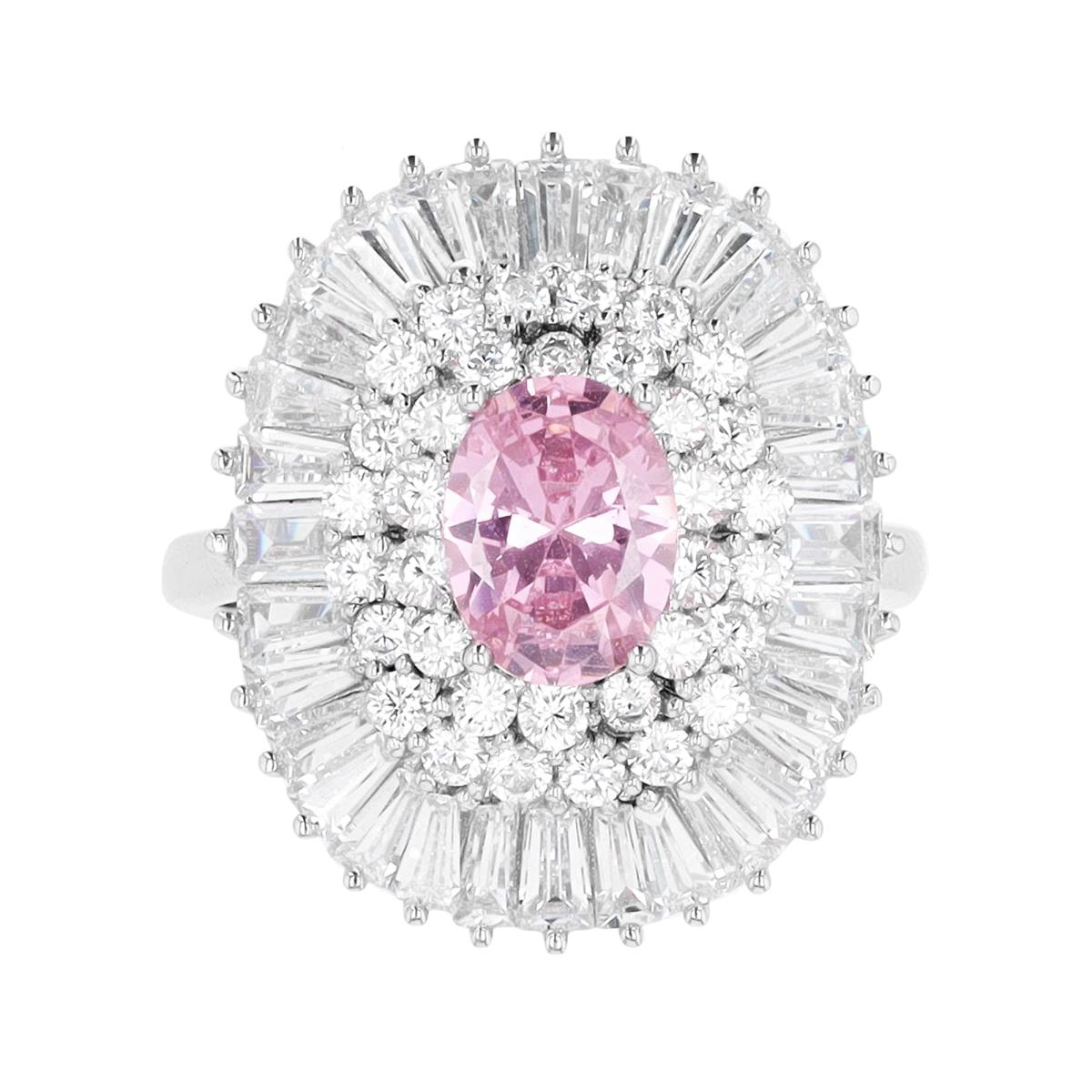 Sterling Silver Rhodium Pink & White CZ 20X17mm Fashion Ring