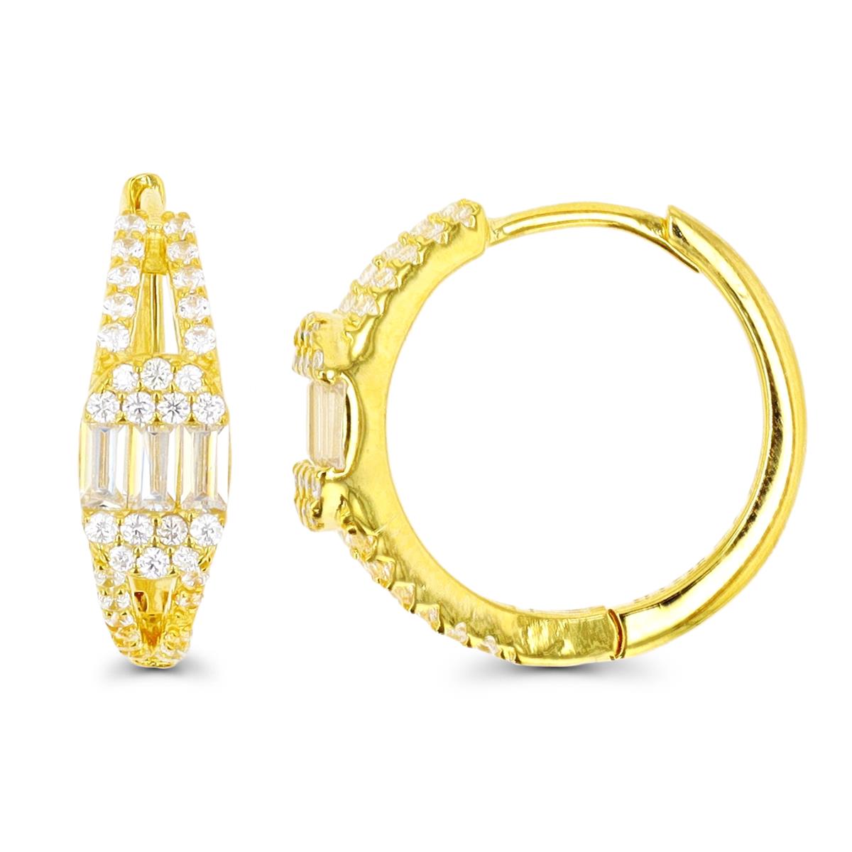 Sterling Silver Yellow 1-Micron Straight Baguette White CZ Paved Hoop