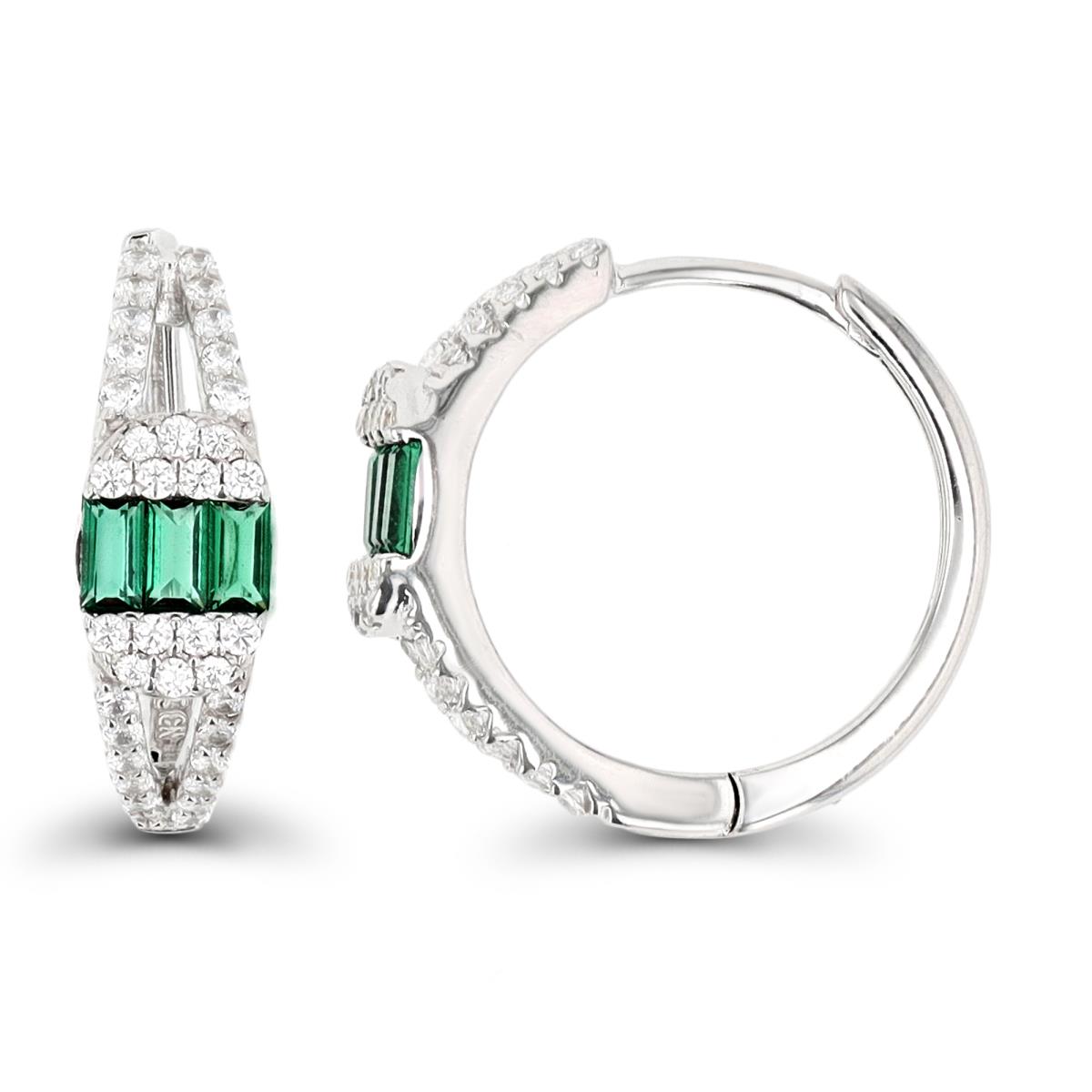 Sterling Silver Rhodium Green Nano Straight Baguette White CZ Paved Hoop