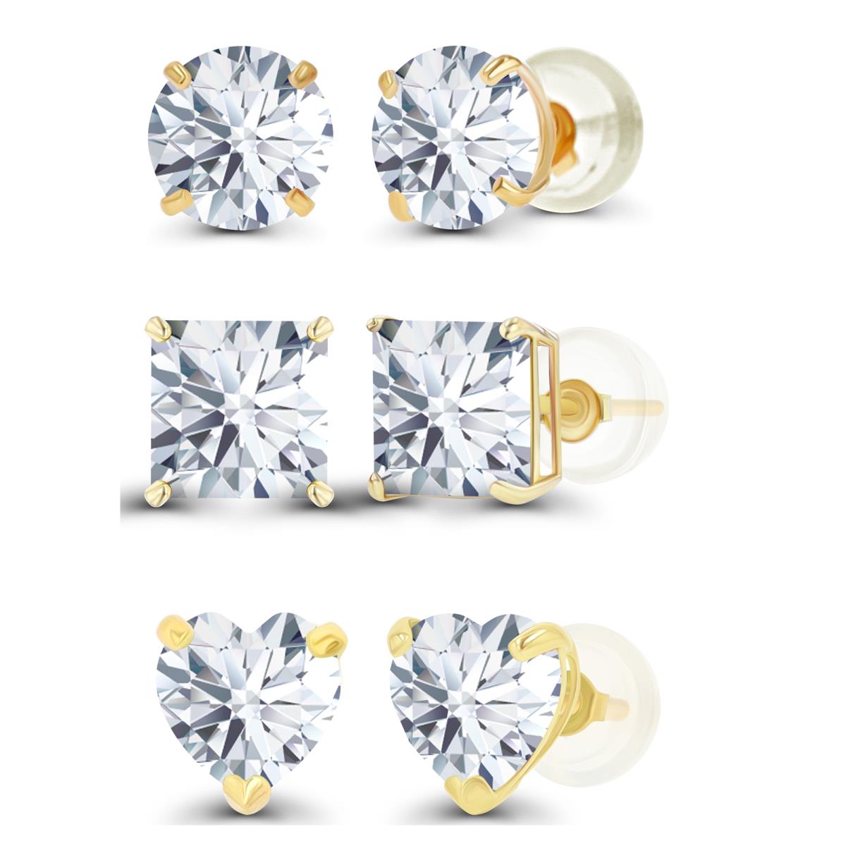 14K Yellow Gold 6mm Round, Square and Heart Created White Sapphire Earring Set