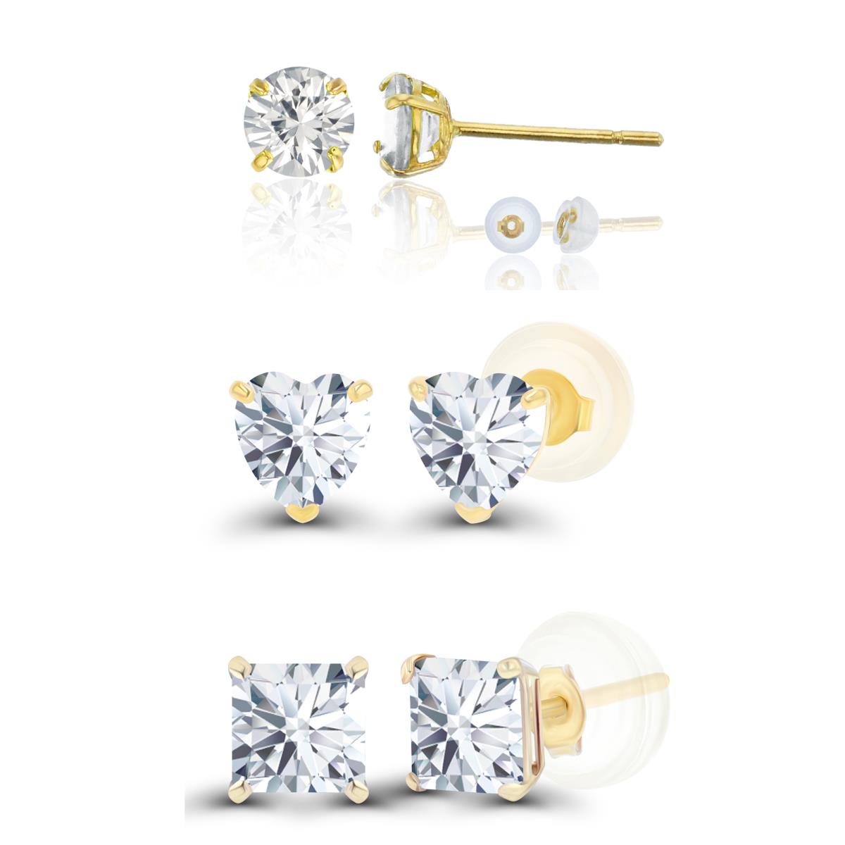14K Yellow Gold 4mm Round, Square & Heart Created White Sapphire Earring Set