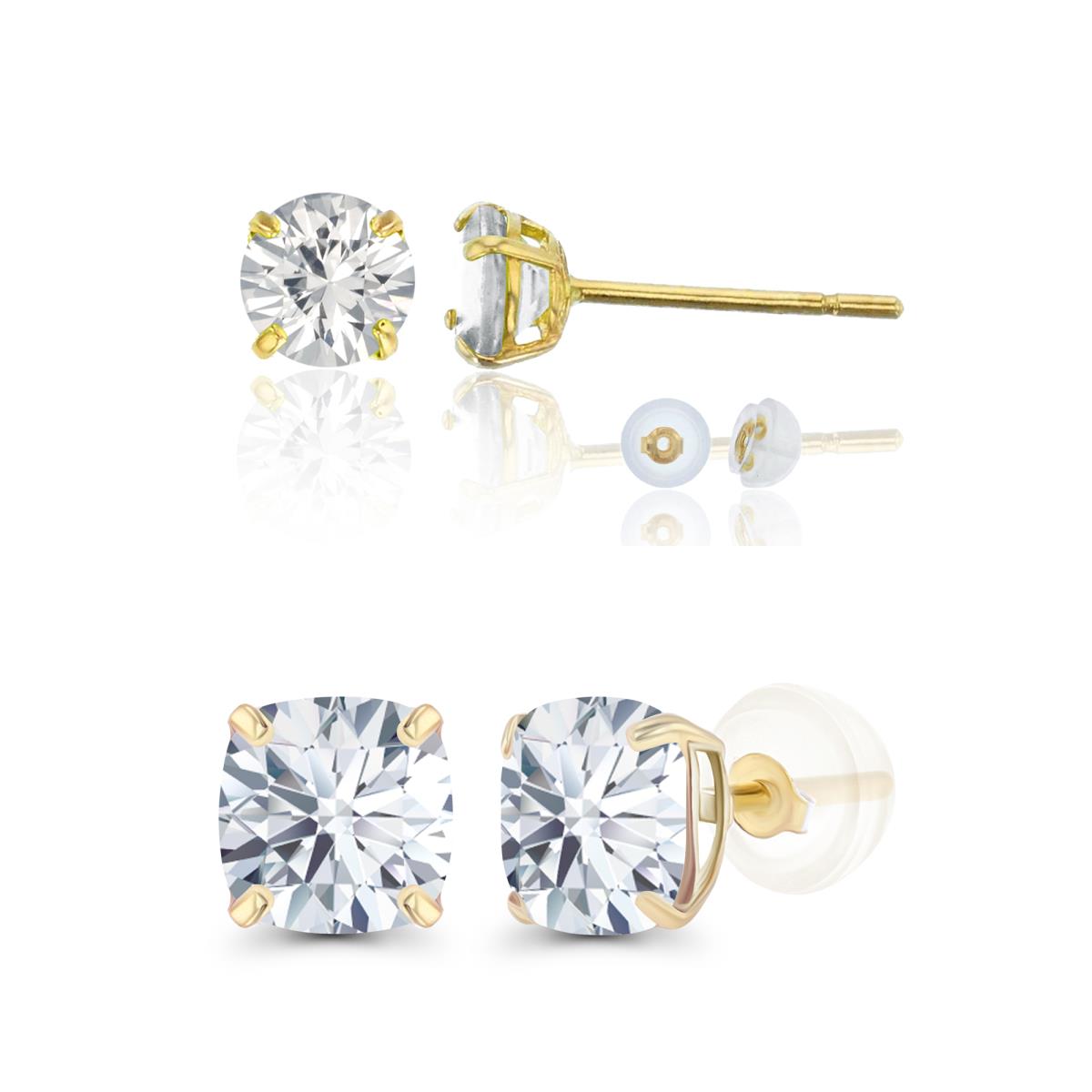 14K Yellow Gold 6mm Round and Cushion Created White Sapphire Earring Set