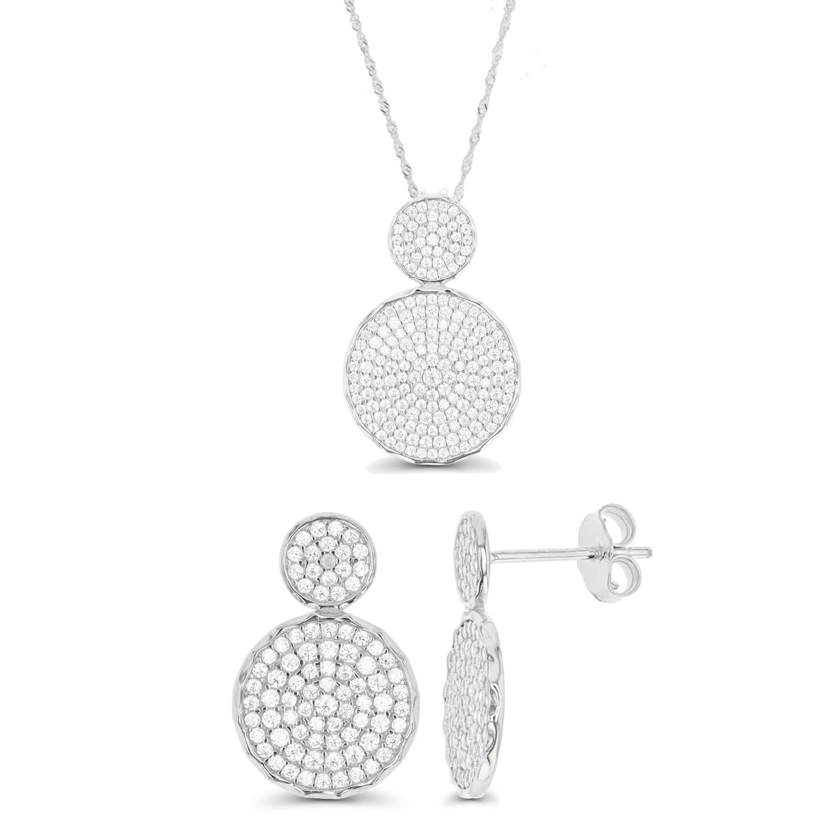Sterling Silver Rhodium Rd Pave White CZ 18+2" Singapore Necklace & Earring Set