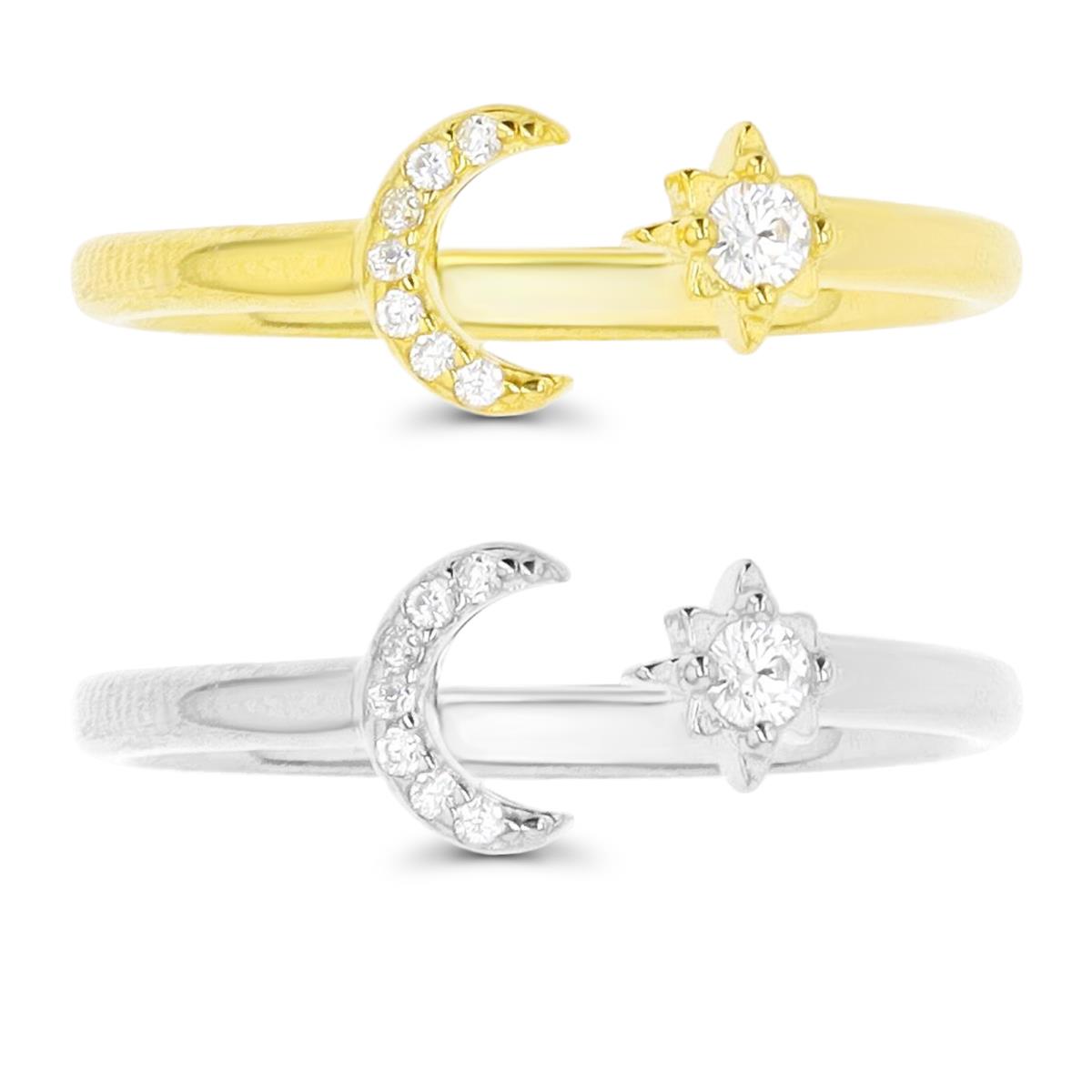 Sterling Silver Rhodium & Yellow 1-Micron Star & Moon White CZ Fashion Ring Set