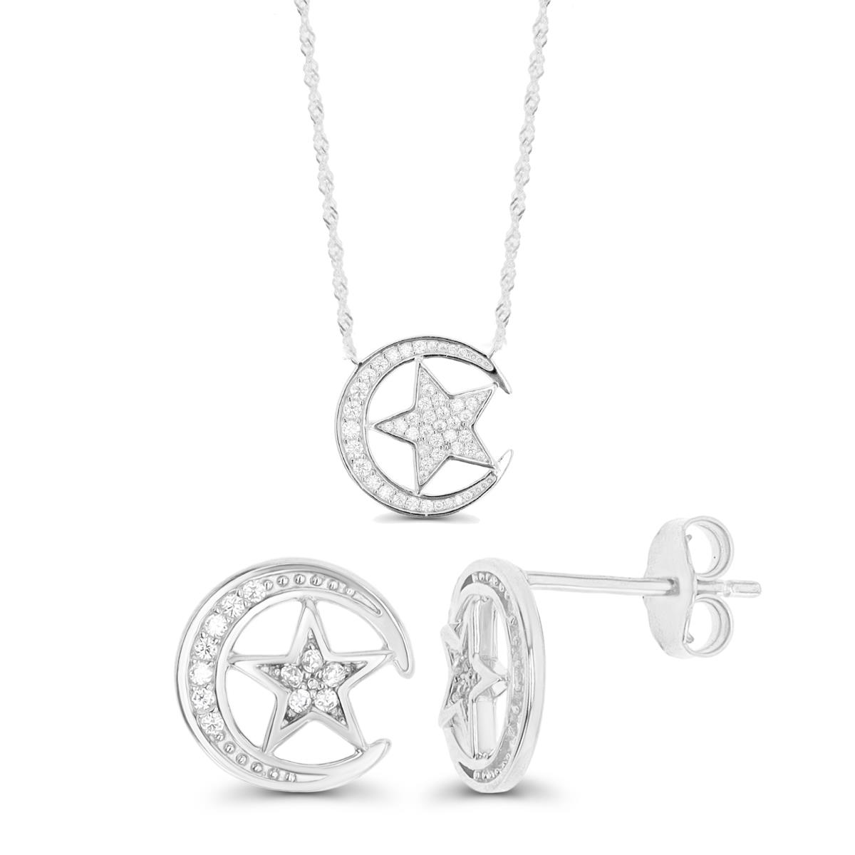 Sterling Silver Rhodium Star & Moon White CZ 18"+2" Singapore Necklace & Earring Set