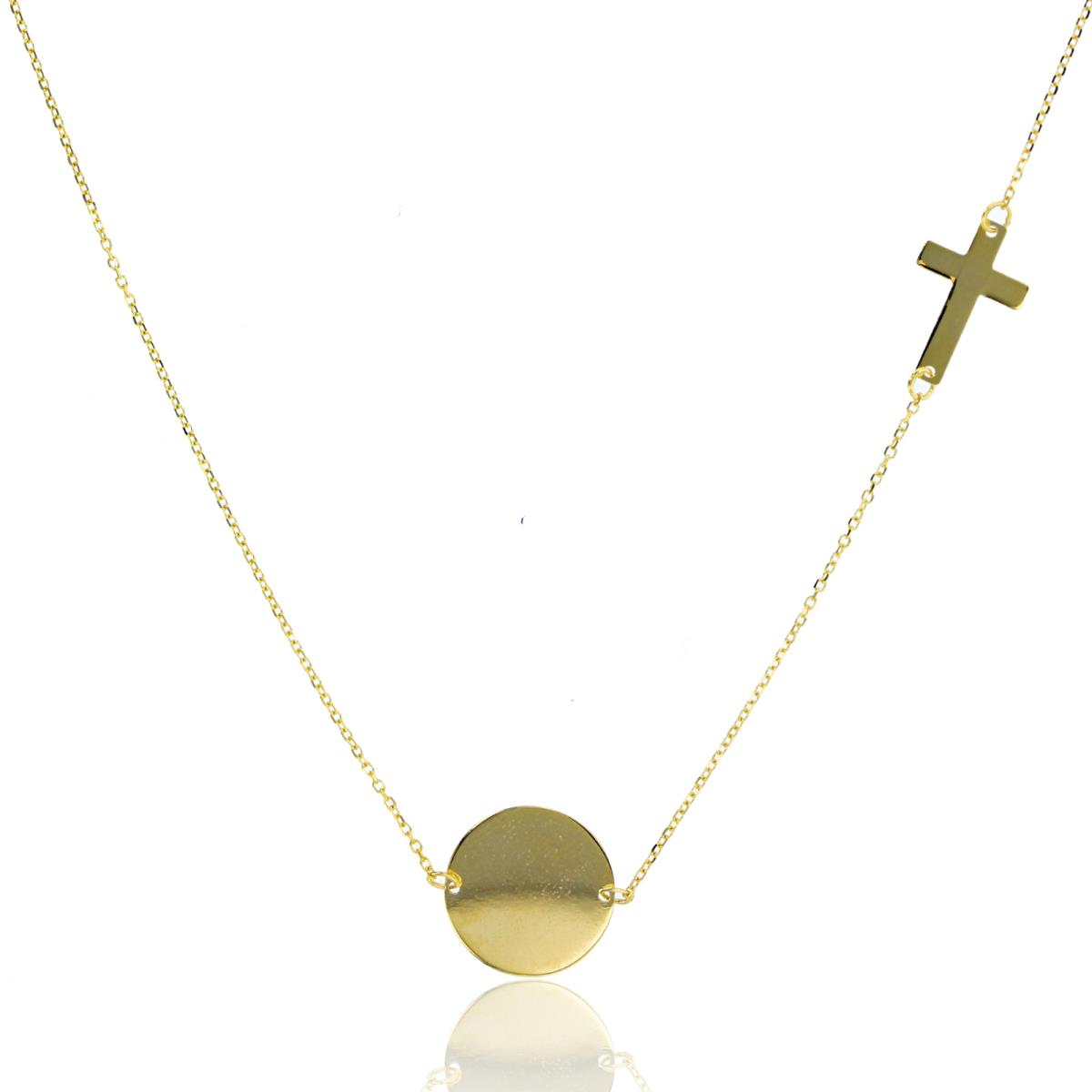 14K Yellow Gold DC Polished Circle Charm and Sideways Cross 18" Necklace