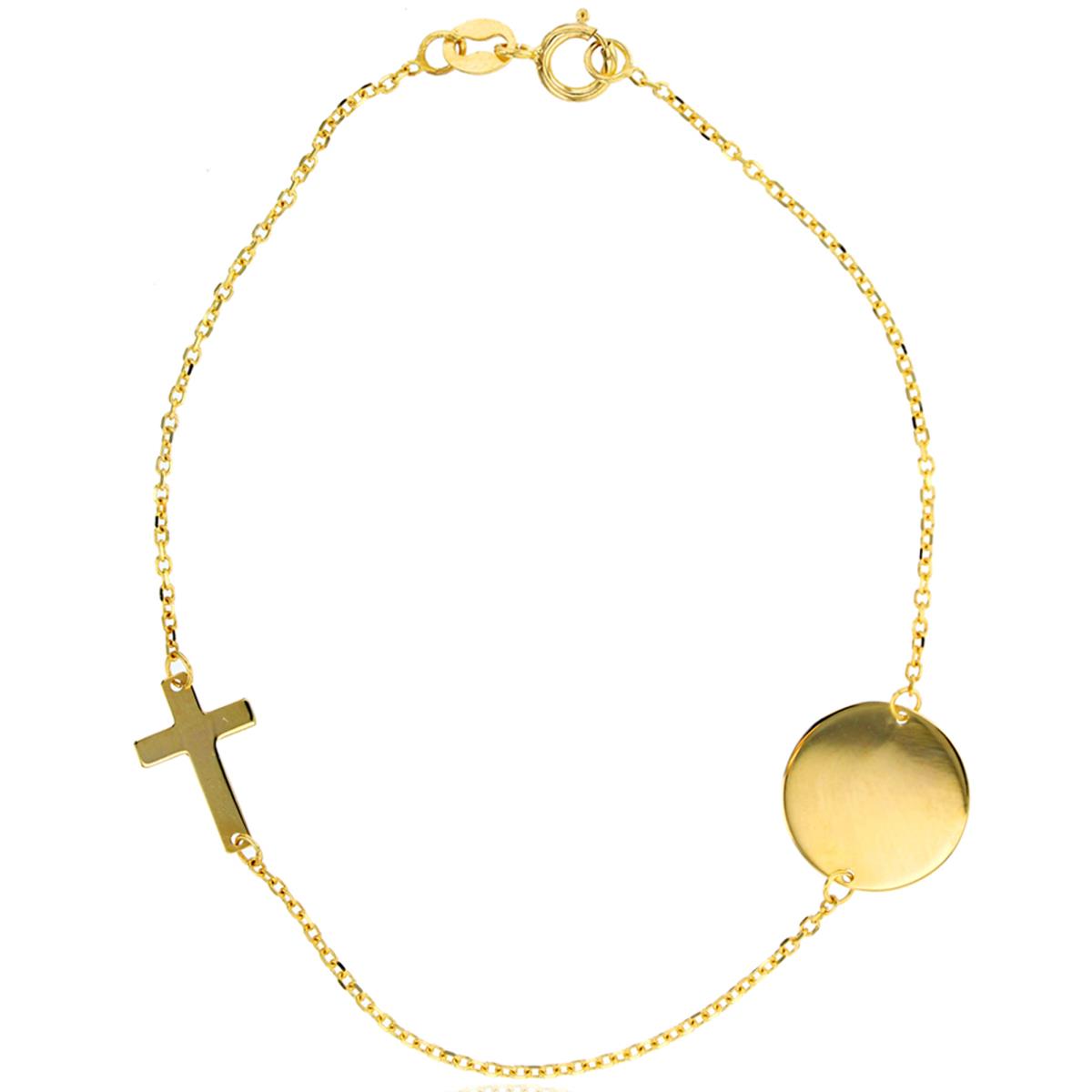 14K Yellow Gold DC Polished Circle Charm and Sideways Cross 7" Bracelet