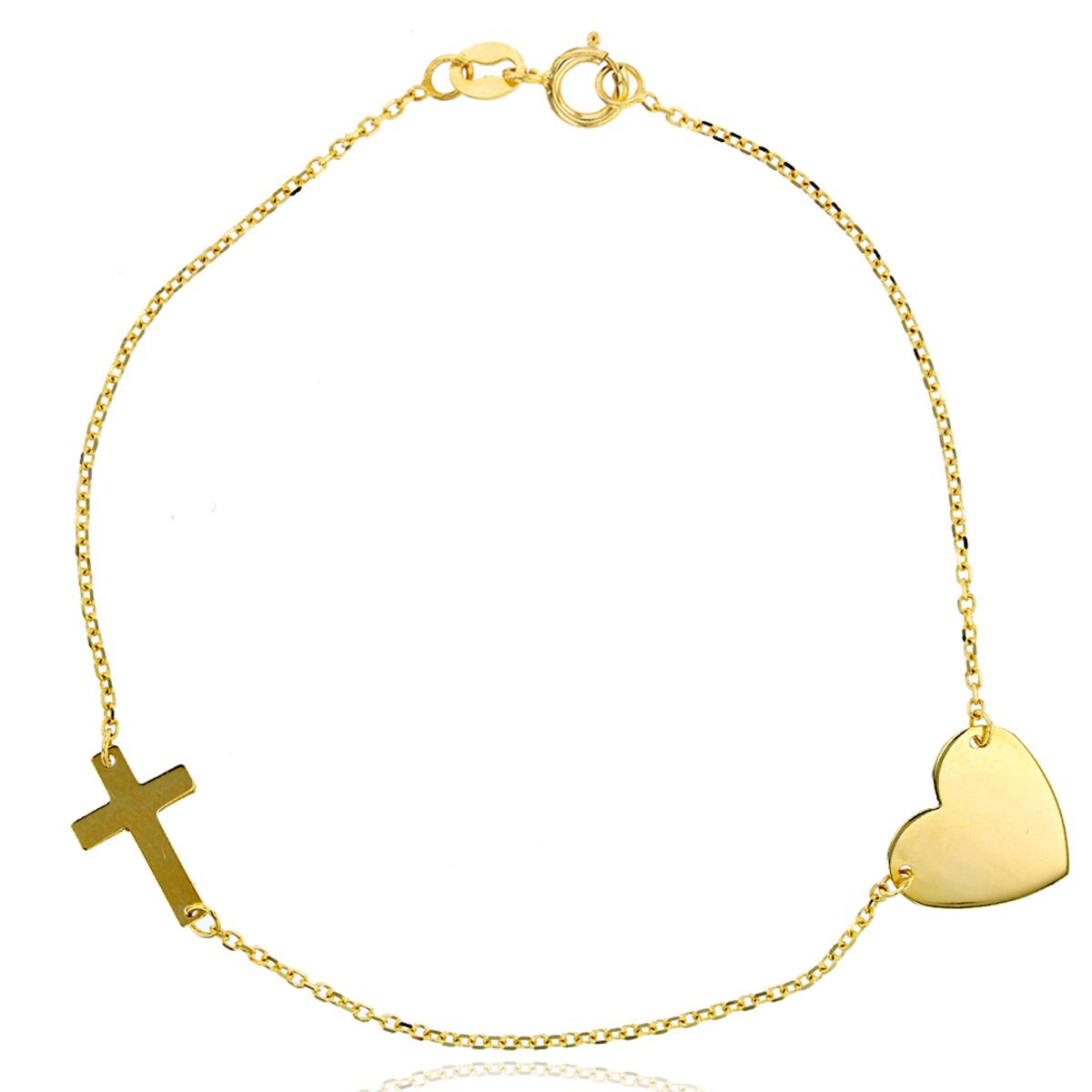 14K Yellow Gold DC Polished Heart Charm and Sideways Cross 7" Bracelet