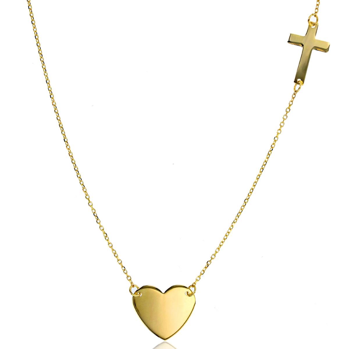 14K Yellow Gold DC Polished Heart Charm and Sideways Cross 18" Necklace