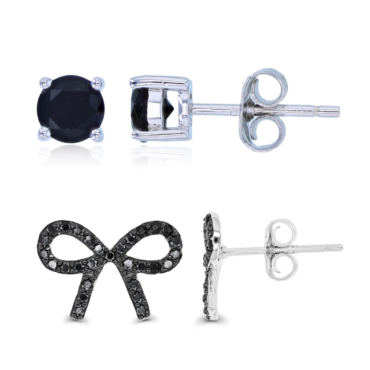 Sterling Silver Rhodium & Black Pave Black Spinel Bow & 5mm Rd Earring Set