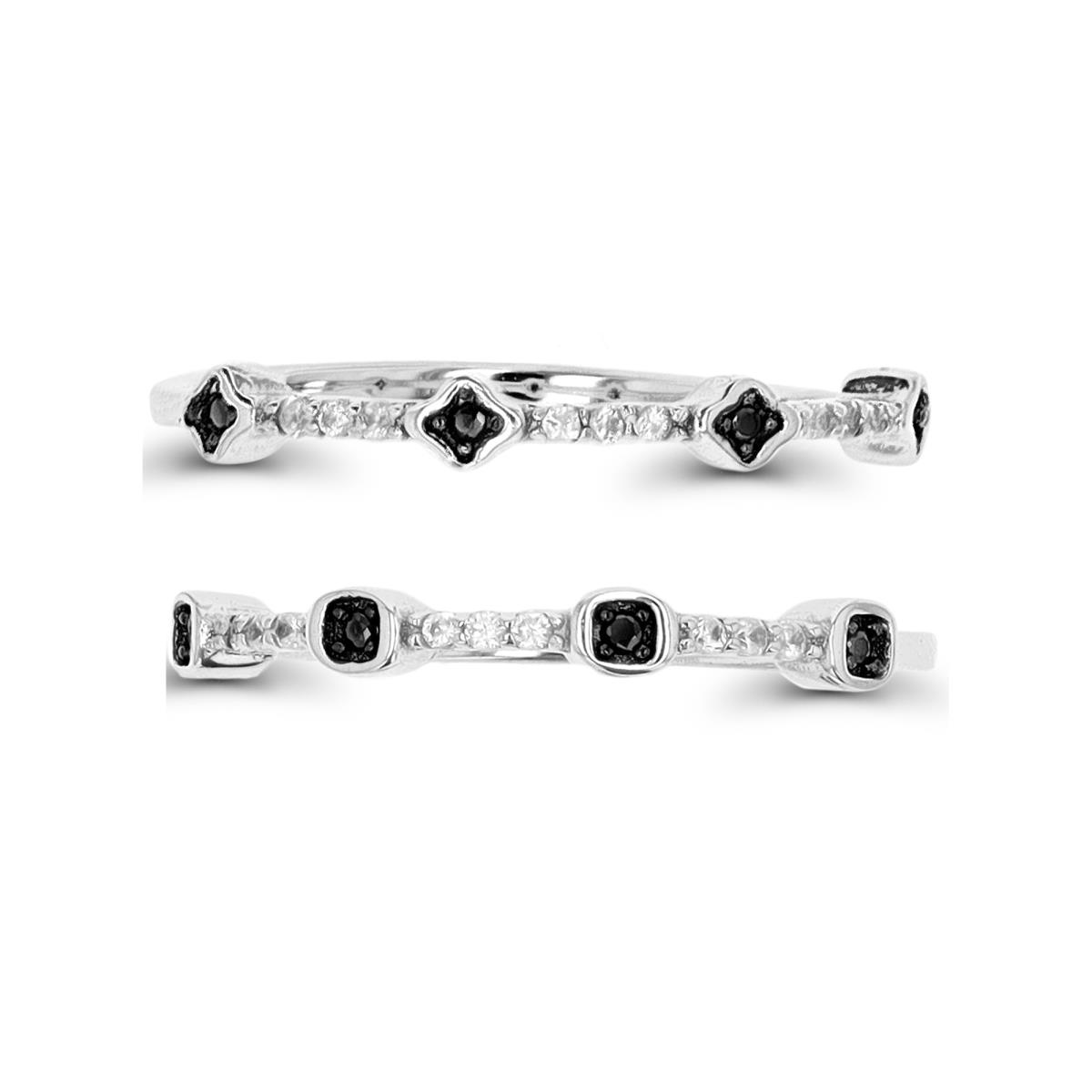 Sterling Silver Rhodium & Black Bubble & Mini Clover  Ring Set 