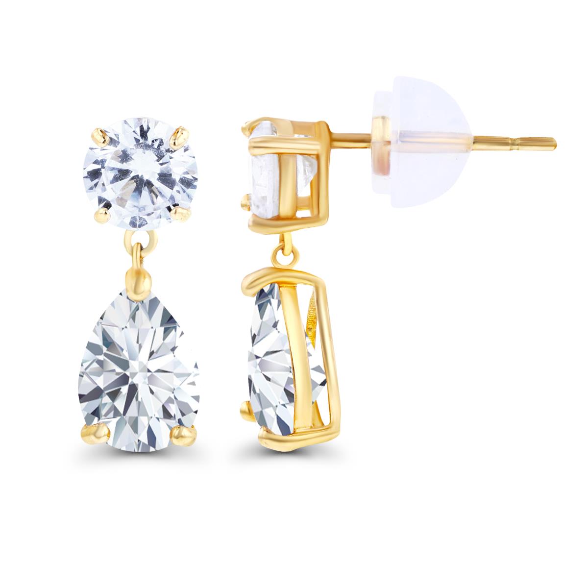 10K Yellow Gold 6x4mm Pear & 4.5mm Round Created White Sapphire Earrings with Silicon Backs