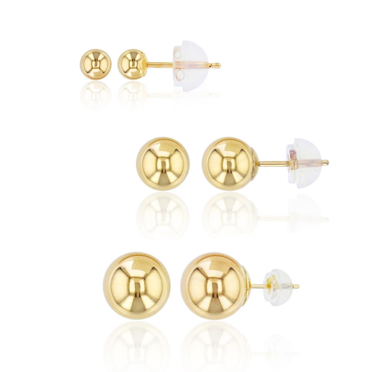 10K Gold Yellow 4,6,8MM Ball Stud Earring Set & 10K Silicone Backs