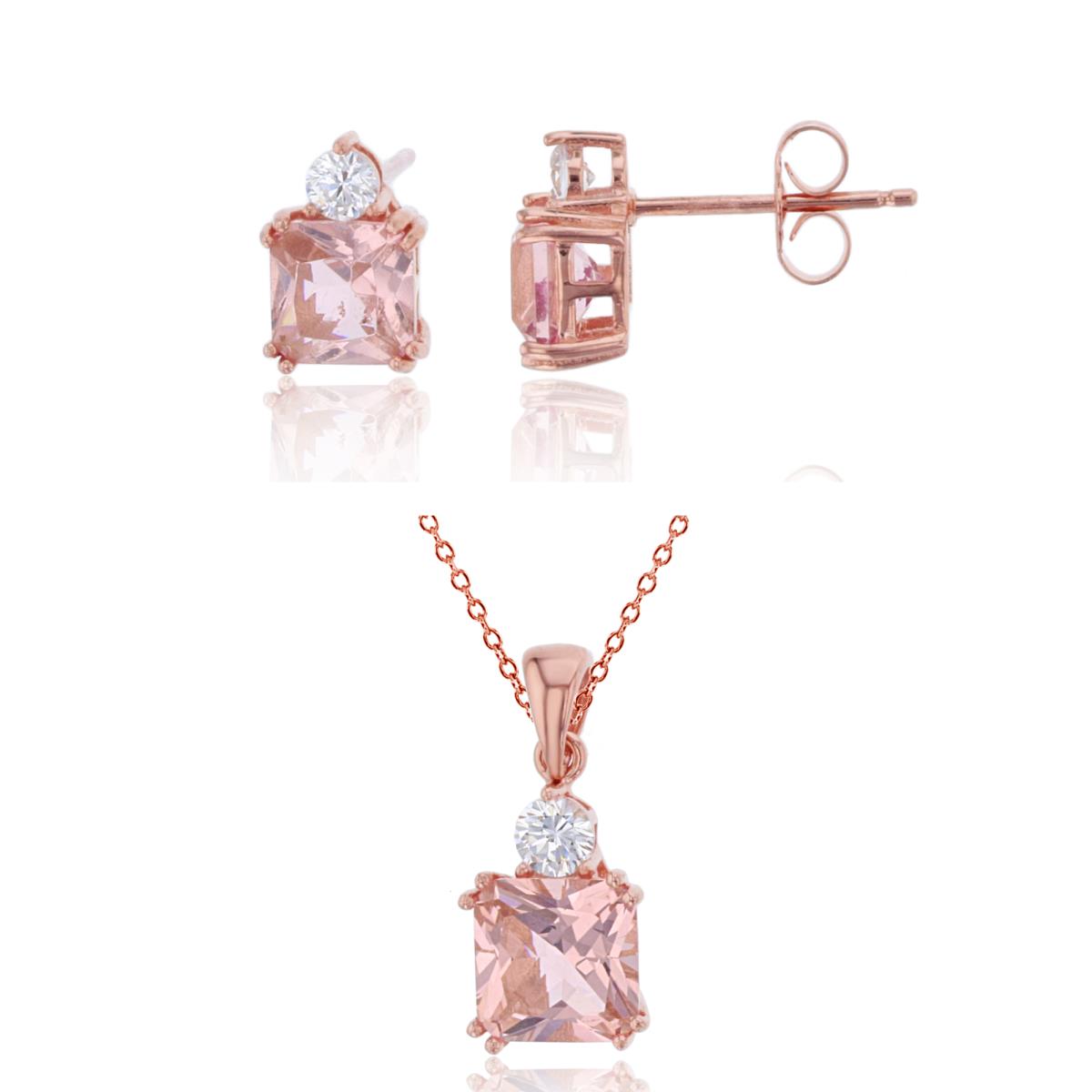 Sterling Silver Rose Princess Morganite Nano & Rd CZ 18"+2" Singapore Necklace & Earring Set