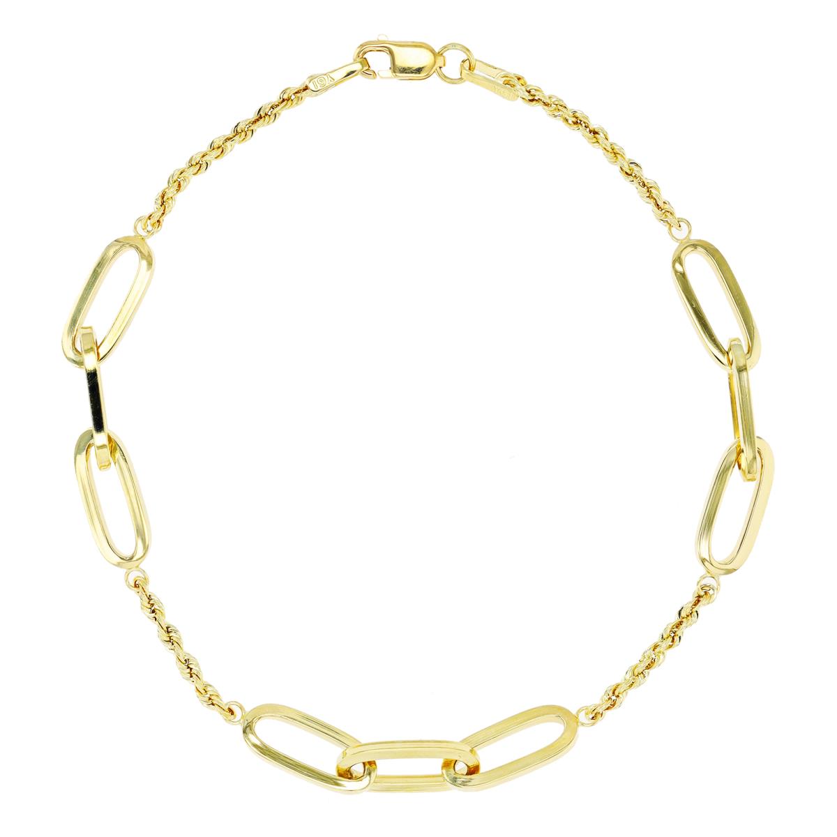 10K Yellow Gold 2.50mm-5.00mm Rope and Paper Clip 7.25" Chain Bracelet