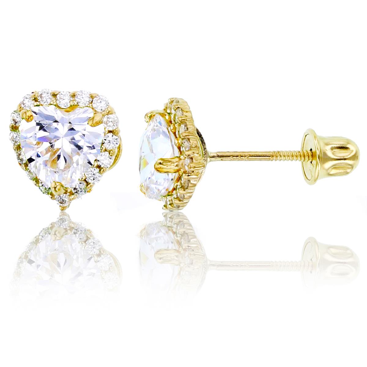 10K Yellow Gold 5mm HS & Rnd White CZ Heart Halo Studs with Screw Backs