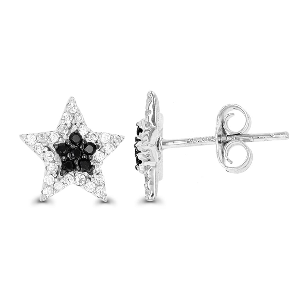 Sterling Silver Rhodium & Black 10X10mm Black Spinel & White Zircone Star Stud Earring
