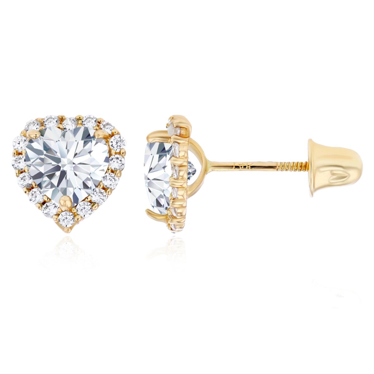 10K Yellow Gold 5mm Heart & Round Created White Sapphire Heart Halo Studs with Screw Backs
