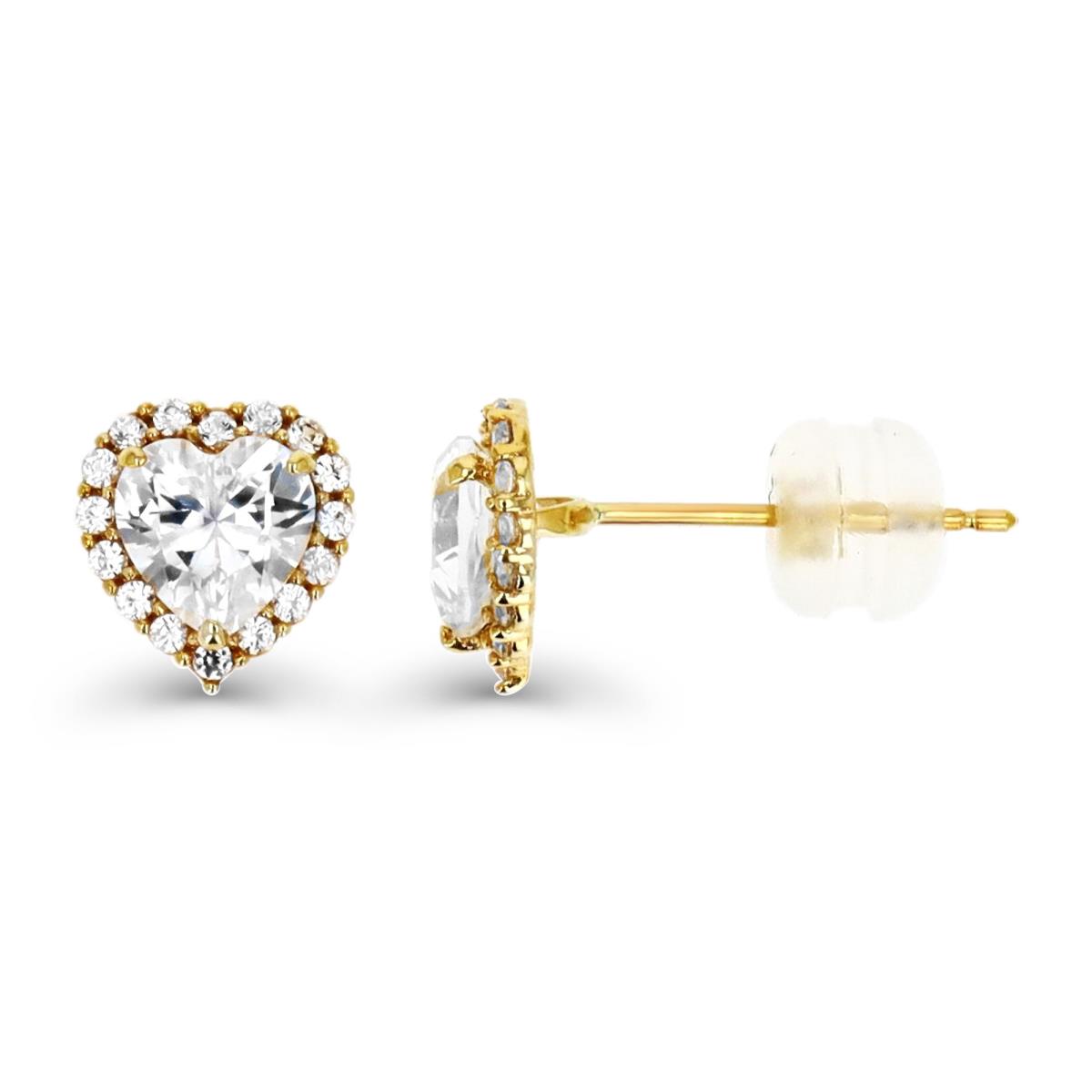 10K Yellow Gold Pave 5mm Created White Sapphire Heart Halo Stud Earring