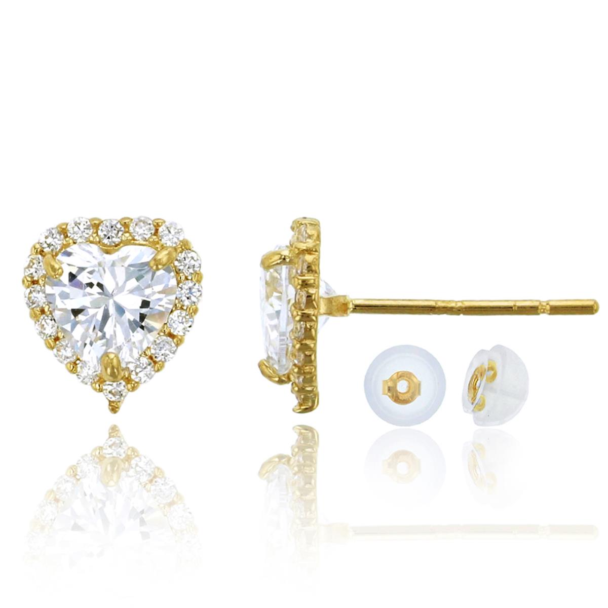 10K Yellow Gold Pave 5mm Created White Sapphire Heart Halo Stud Earring with Bubble Silicone Back