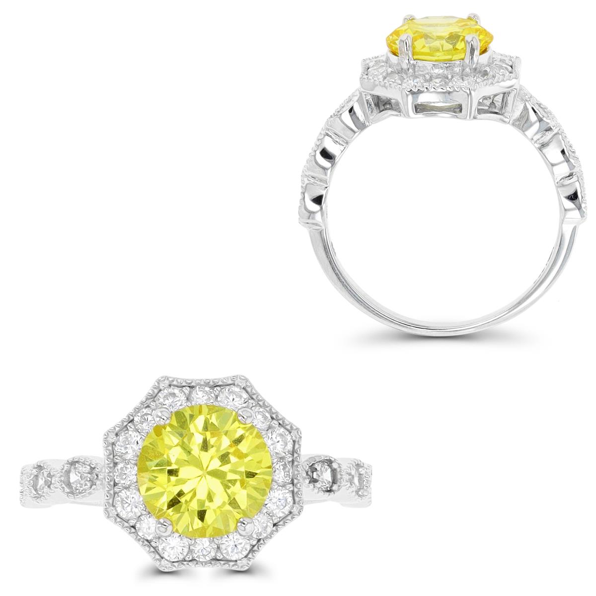 Sterling Silver Rhodium 8mm Rd Canary Yellow & White CZ Fashion Octagone Halo Ring