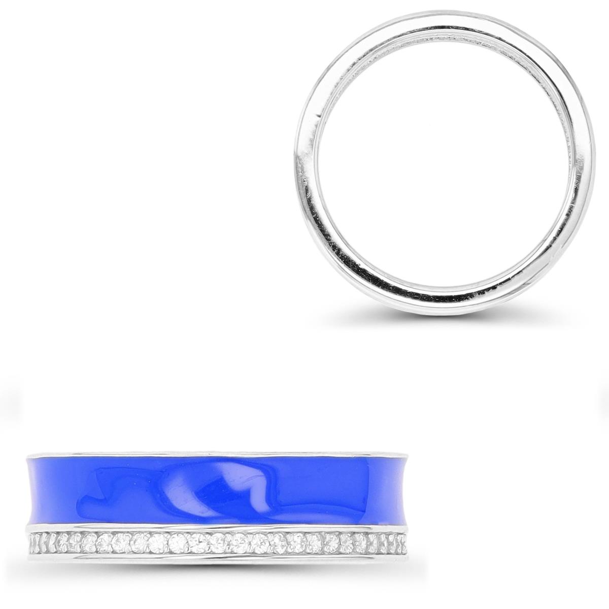 Sterling Silver Rhodium 6mm Blue Enamel & White CZ  Eternity Ring