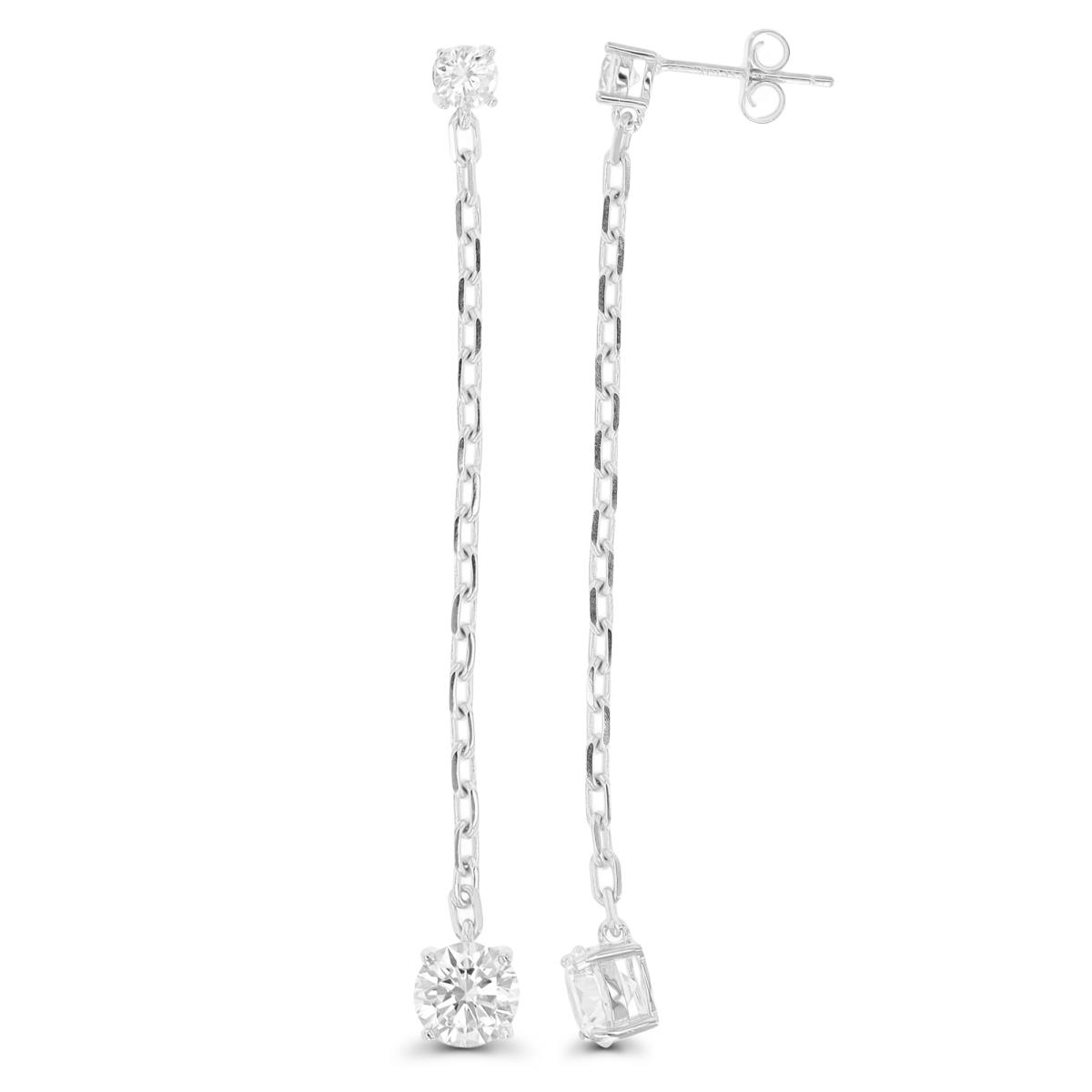 Sterling Silver Rhodium 65X7mm Chain White CZ  Dangling Earring