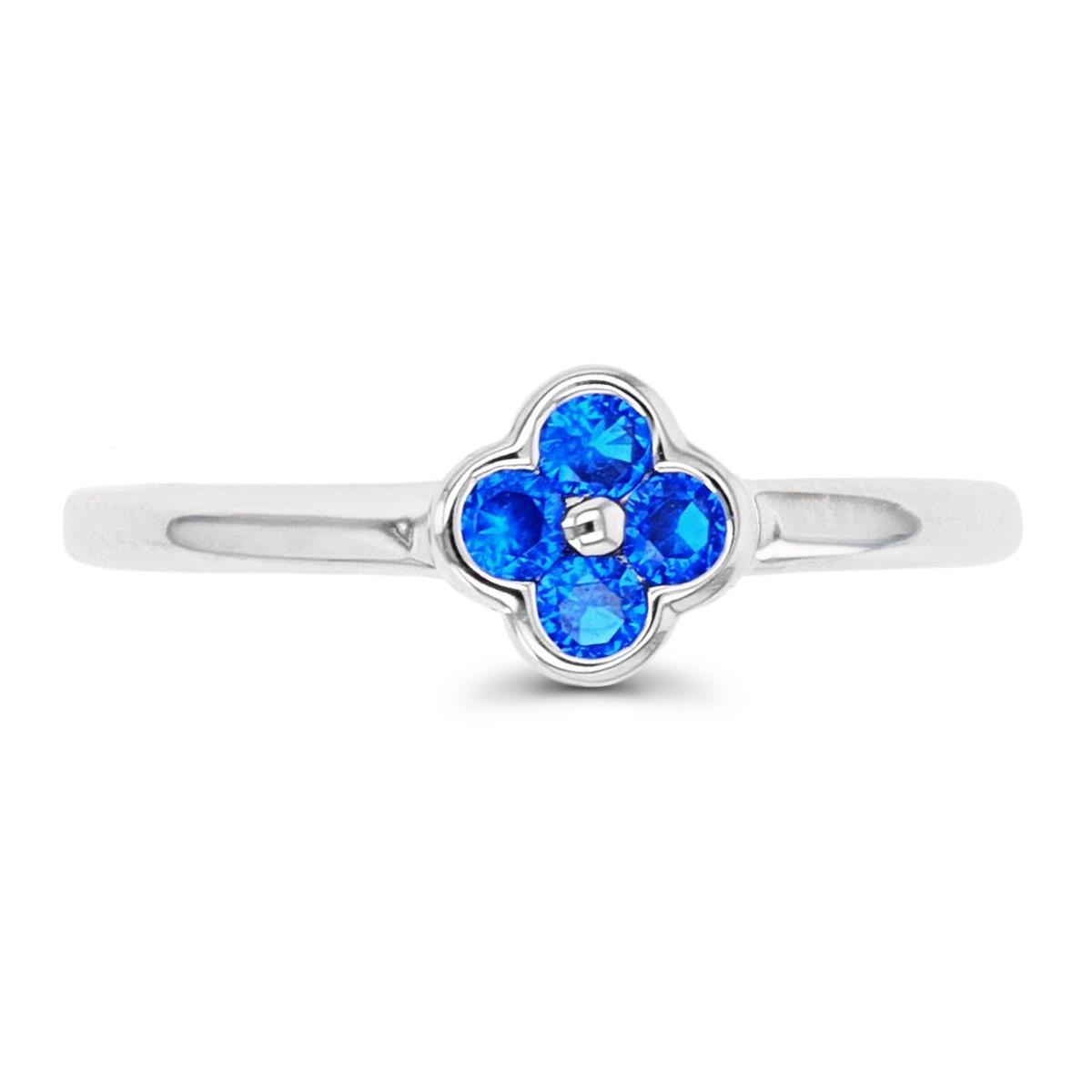 Sterling Silver Rhodium 6.5mm Fashion Flower #113 Blue Ring