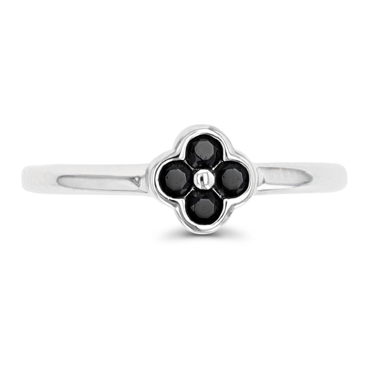 Sterling Silver Rhodium 6.5mm Fashion Flower Black Spinel Ring