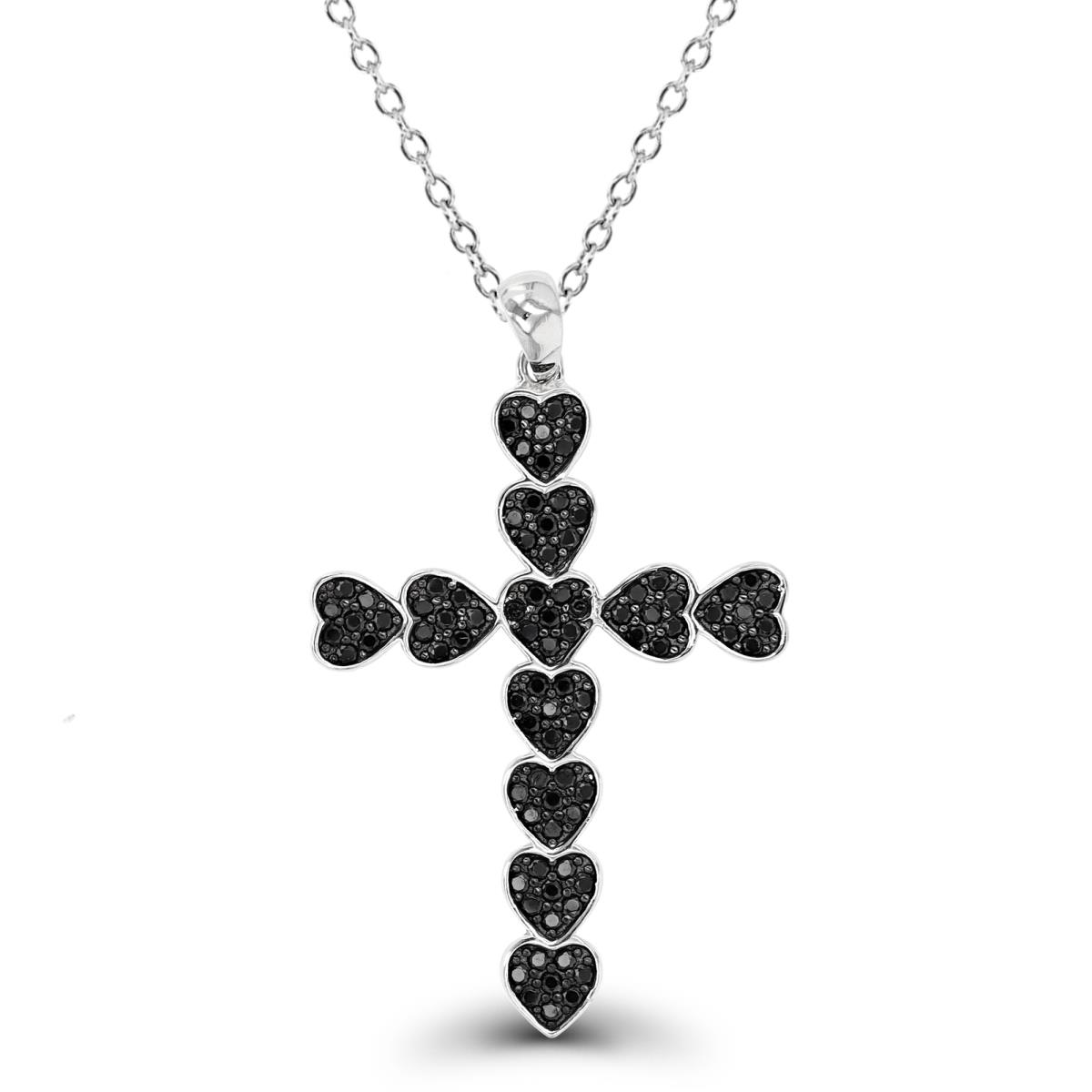 Sterling Silver Rhodium & Black 40X26mm Cross Hearts Pave Black Spinel 18" Necklace