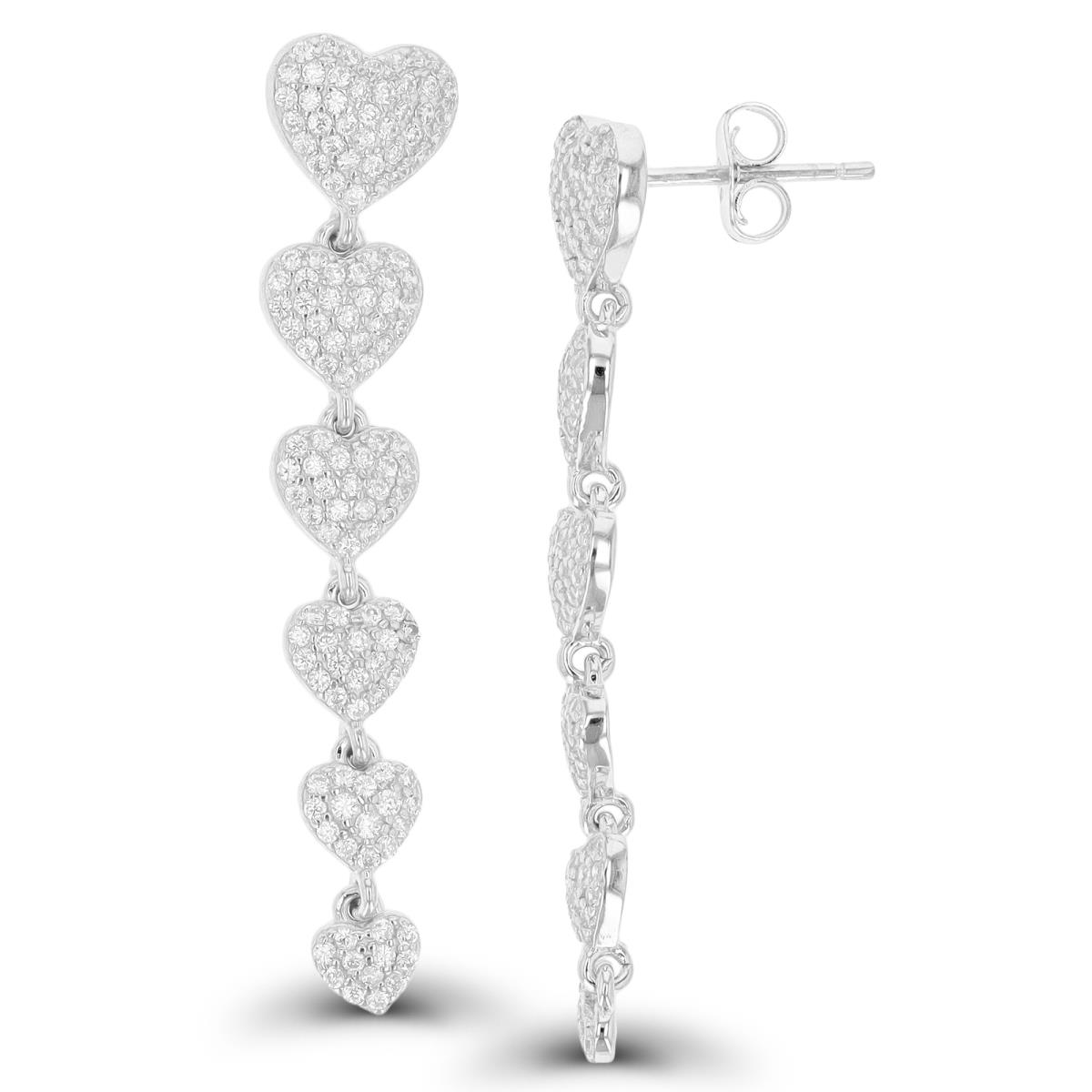 Sterling Silver Rhodium 43X8mm Hearts Pave White CZ Dangling Earring