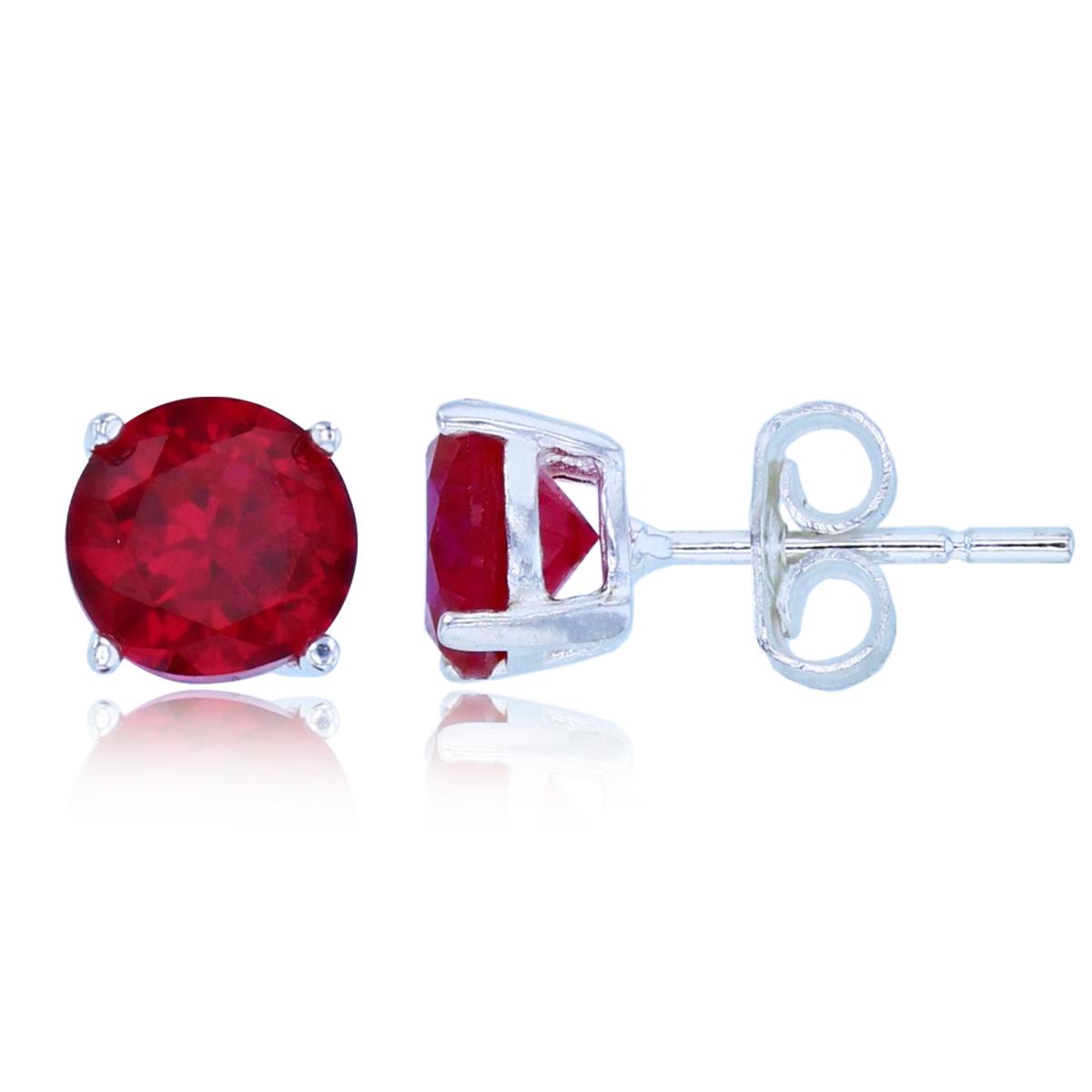 Sterling Silver Rhodium 6mm Round Glass Filled Ruby Stud Earring